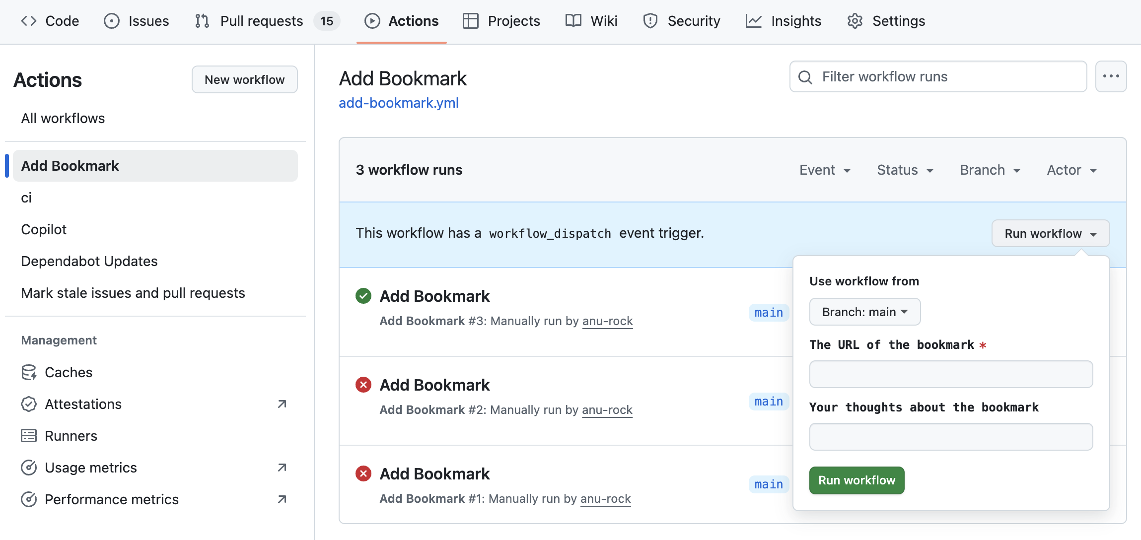 The Add Bookmark workflow in GitHub UI