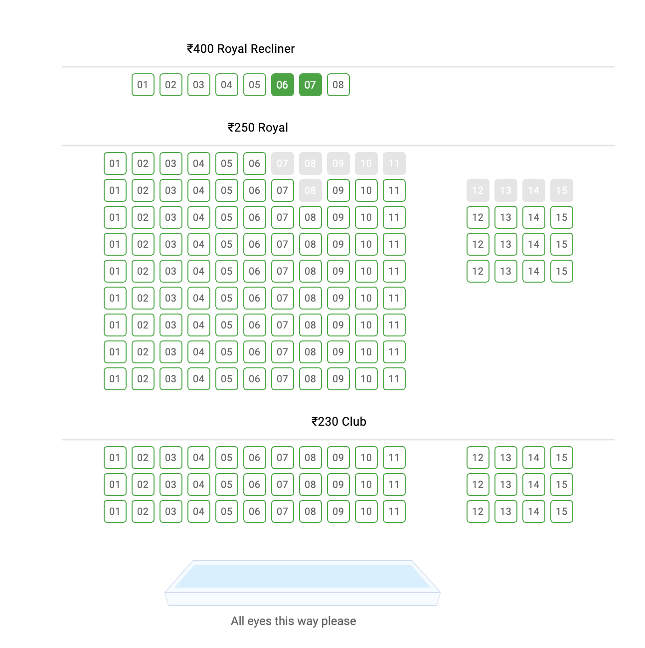 User 1 has selected seats 6 and 7 in the topmost row on BookMyShow.