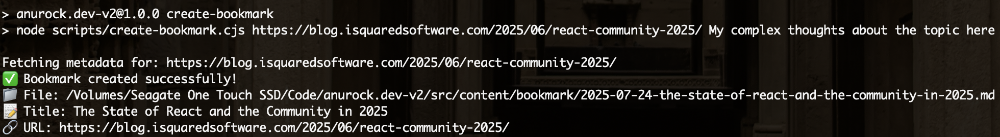 Result of the create-bookmark npm script