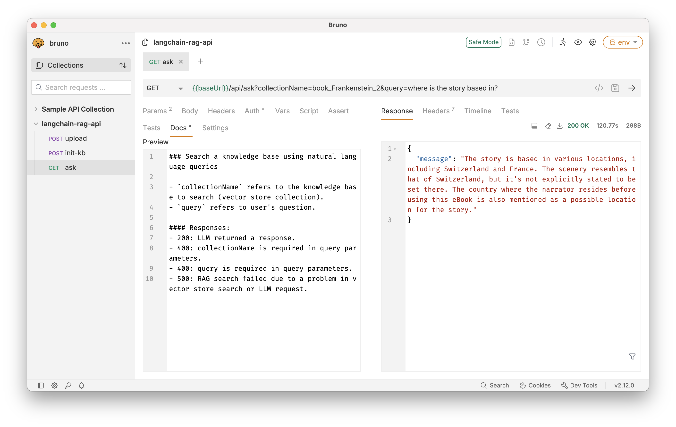 Screenshot of asking a question to the RAG system in Bruno API tool.