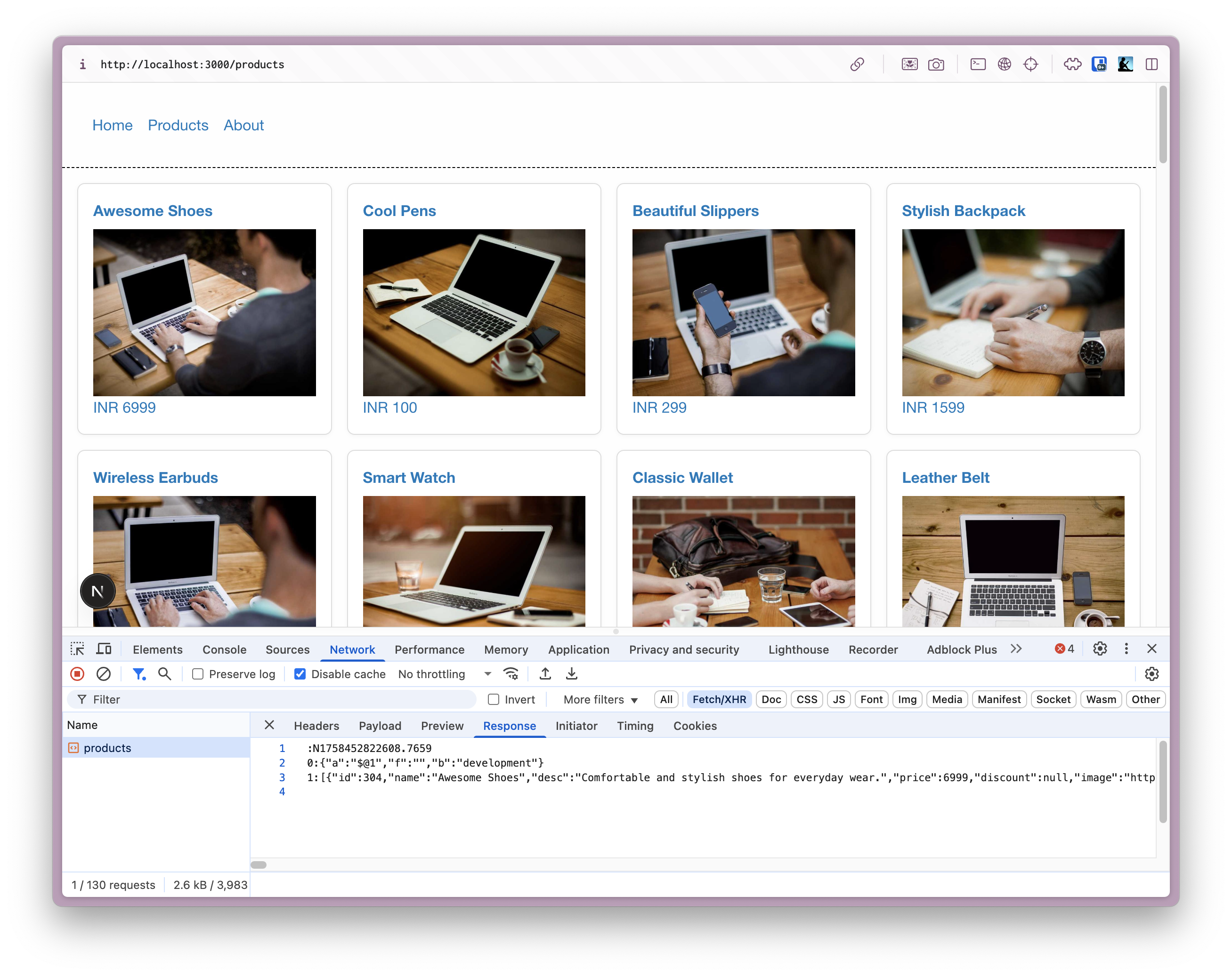 Screenshot of the products page showing the server function XHR request in browser dev tools