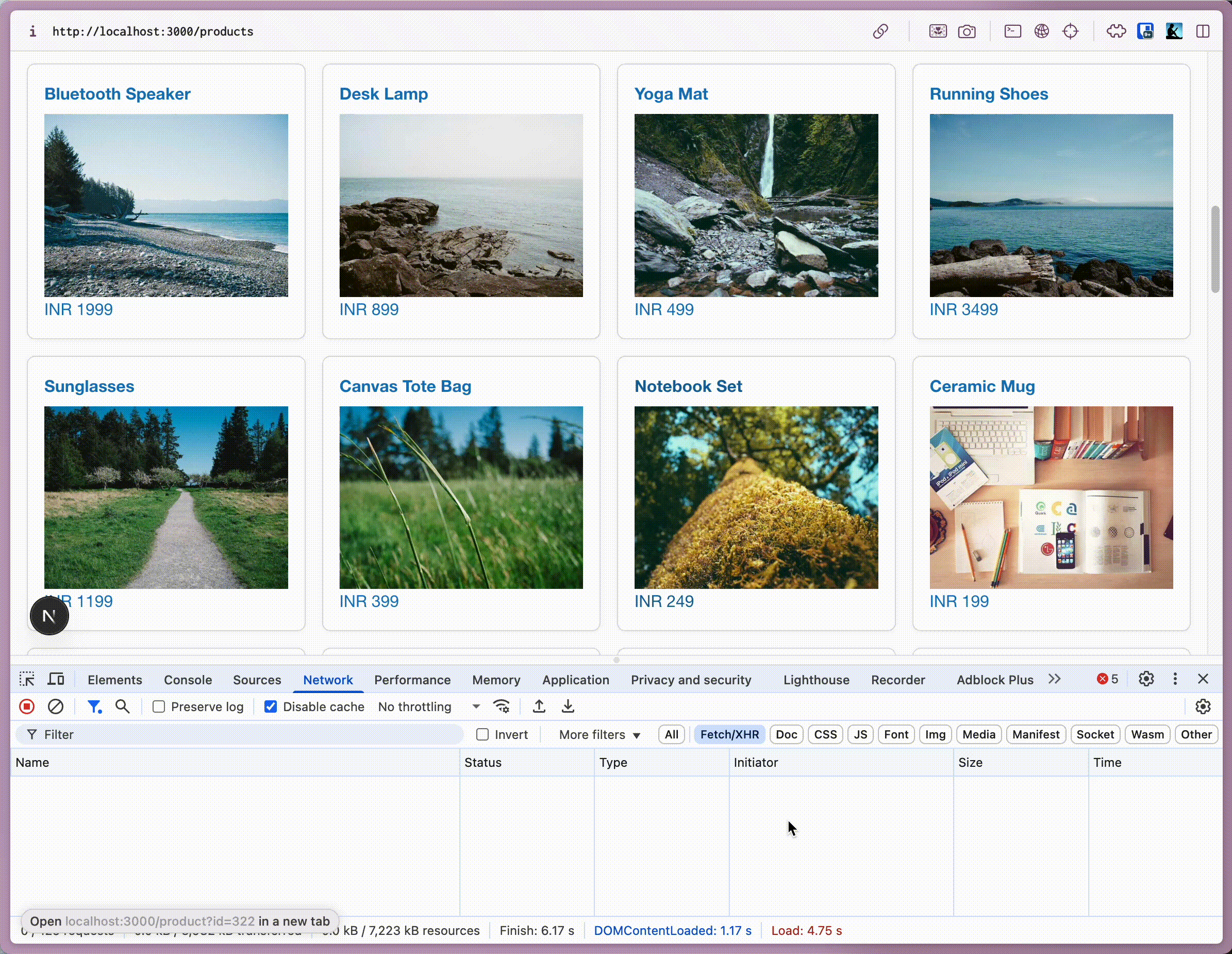 Screencast of the products loading experience using Suspense